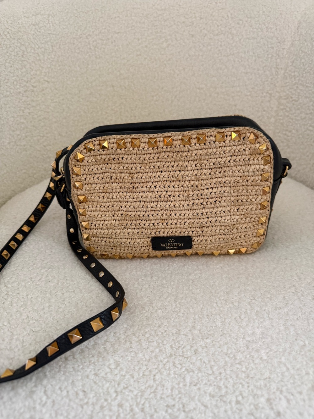 Valentino Beige Straw Crossbody with Black Trim and Gold Studs